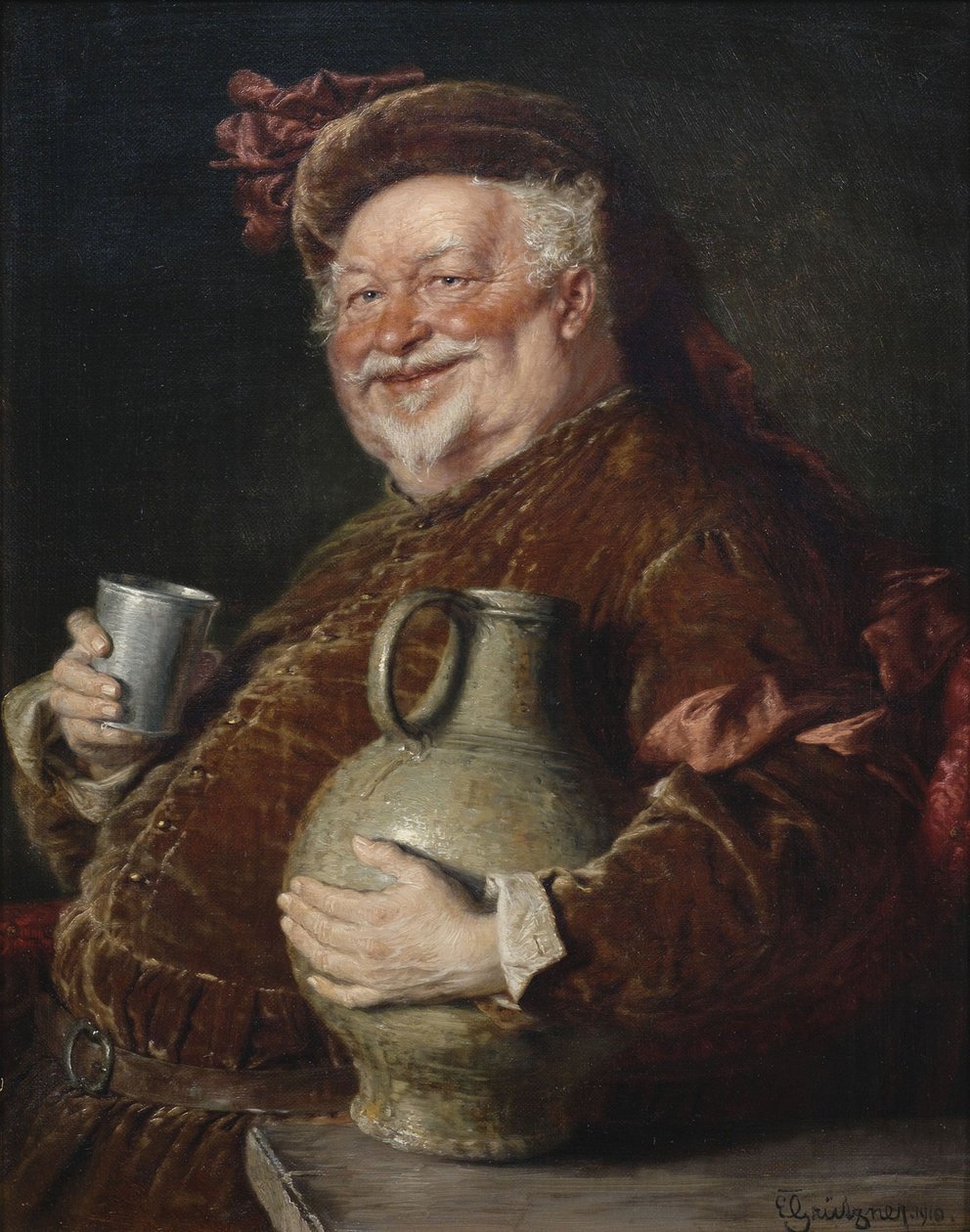 Falstaff egy tartály borral és ónkupakkal, 1910 alkotó: Eduard Gruetzner von