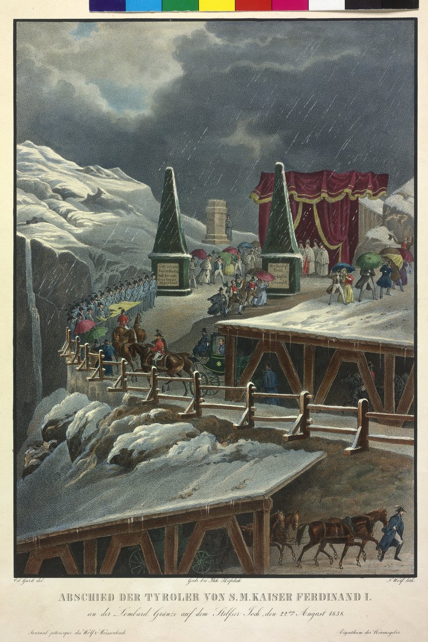 A tiroliak búcsúja I. Ferdinánd császártól 22-én. augusztus 1838 (színes litográfia) alkotó: Eduard Gurk