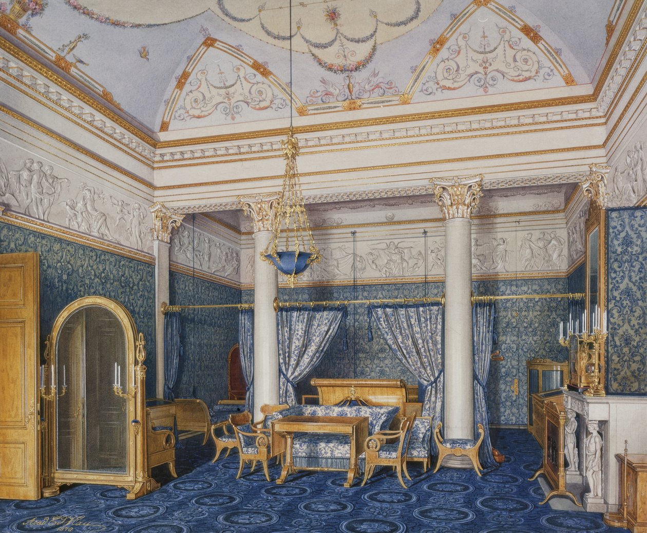 A Téli Palota belső terei. Alexandra Fjodorovna császárné hálószobája, 1870 alkotó: Eduard Hau