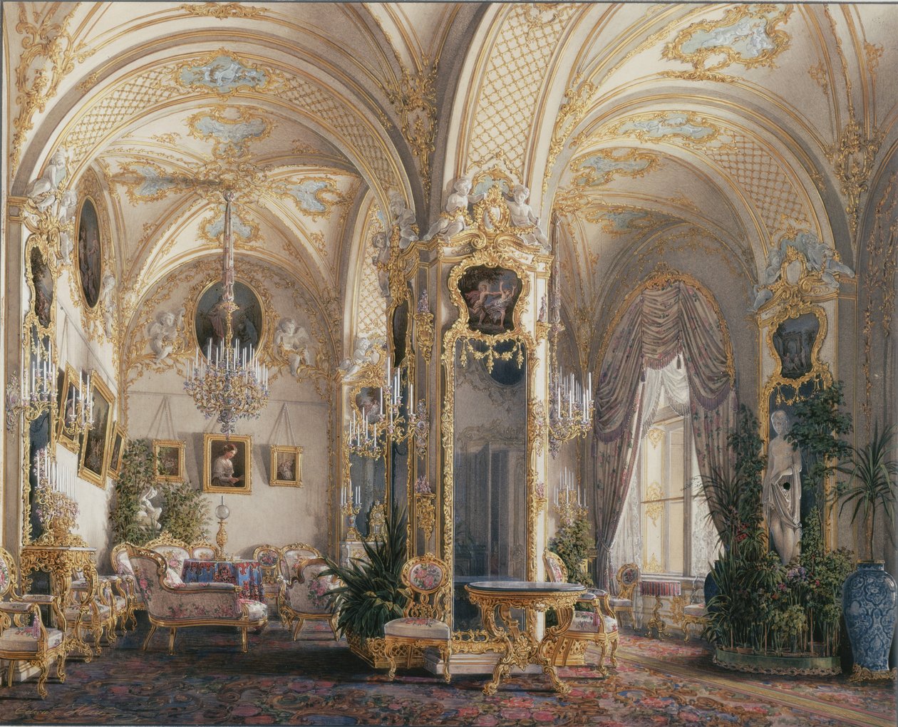 A Téli Palota belső terei. Rokokó stílusú szalon Ámorokkal, 1860-as évek alkotó: Eduard Hau