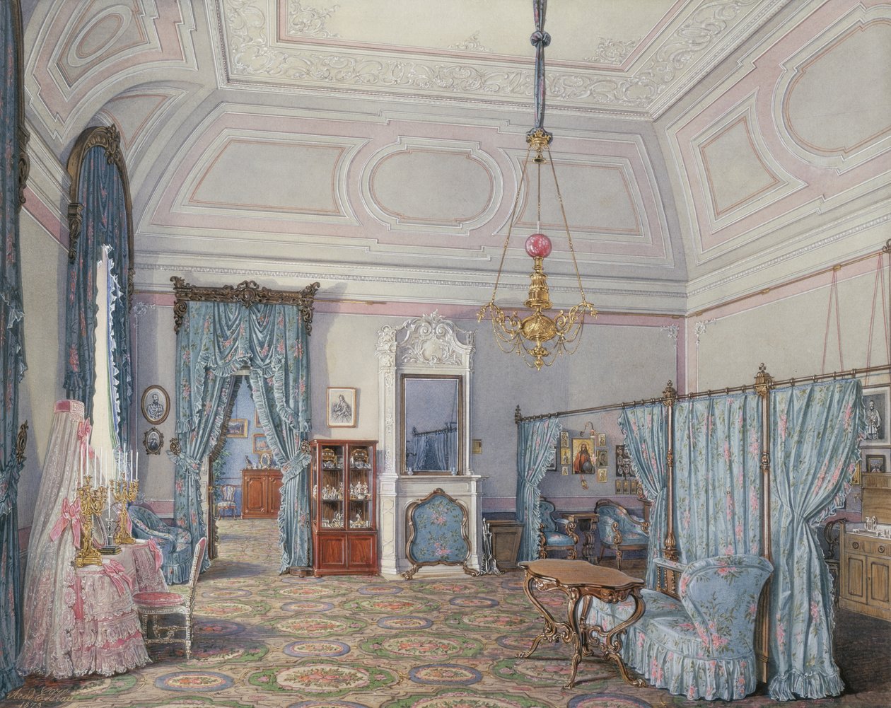 A Téli Palota belső terei. Az ötödik fenntartott apartman. Mária Alekszandrovna nagyhercegnő hálószobája, 1873 alkotó: Eduard Hau