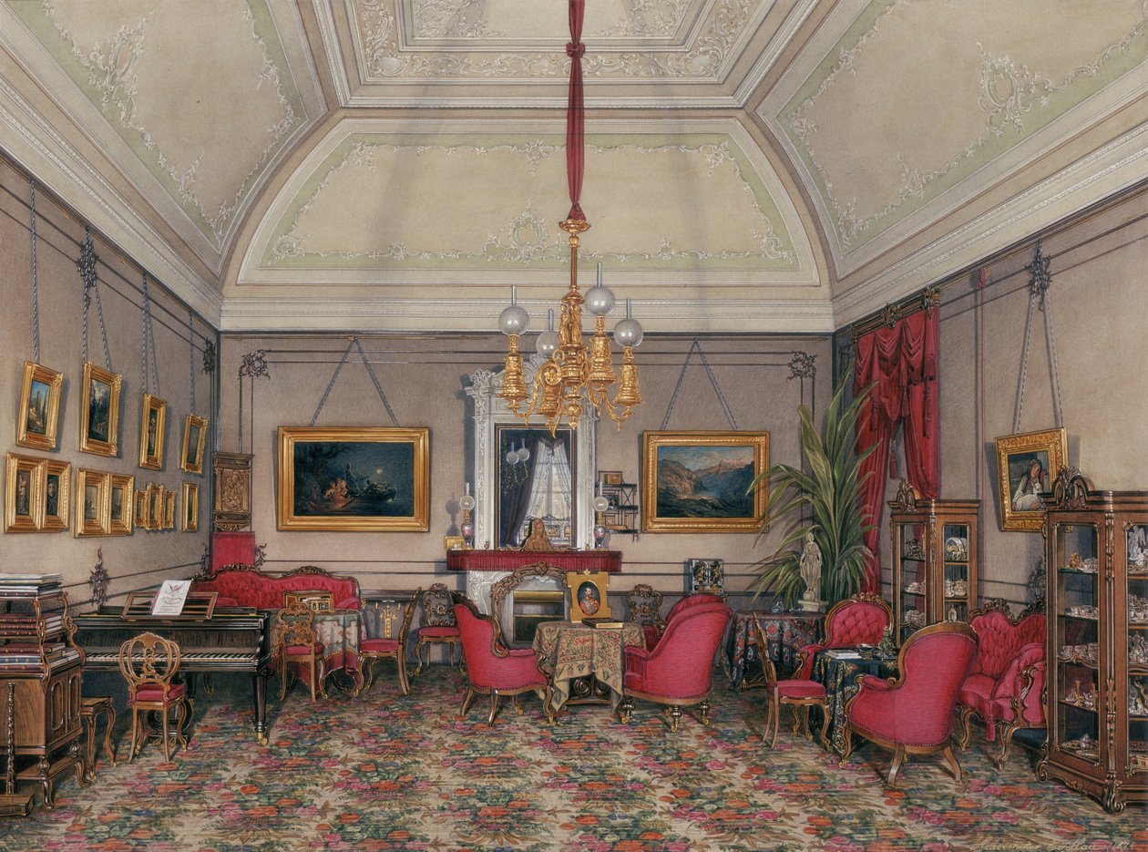 A Téli Palota belső terei. Az ötödik fenntartott apartman. Mária Alekszandrovna nagyhercegnő szalonja, 1874 alkotó: Eduard Hau
