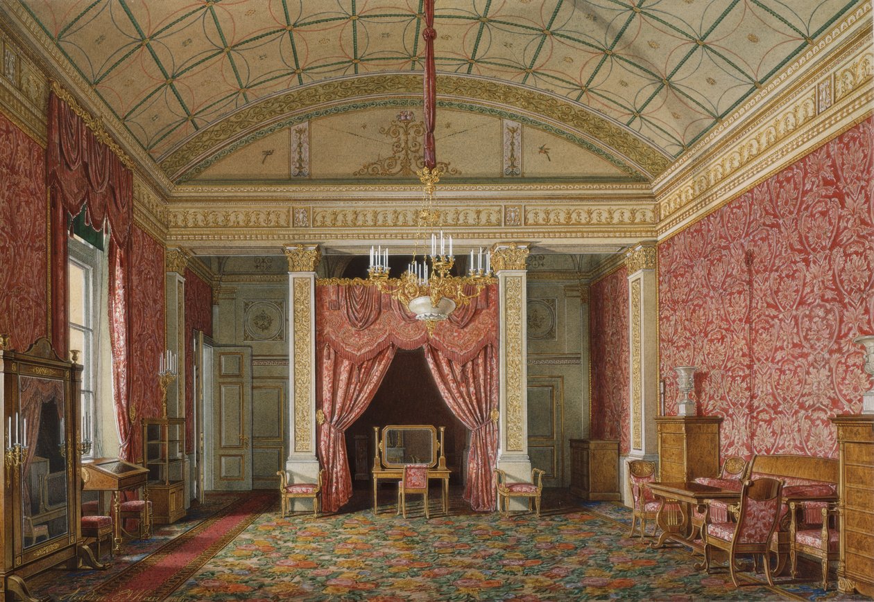 A Téli Palota belső terei. Az első lefoglalt apartman. Mária Nyikolajevna nagyhercegnő hálószobája, 1867 alkotó: Eduard Hau