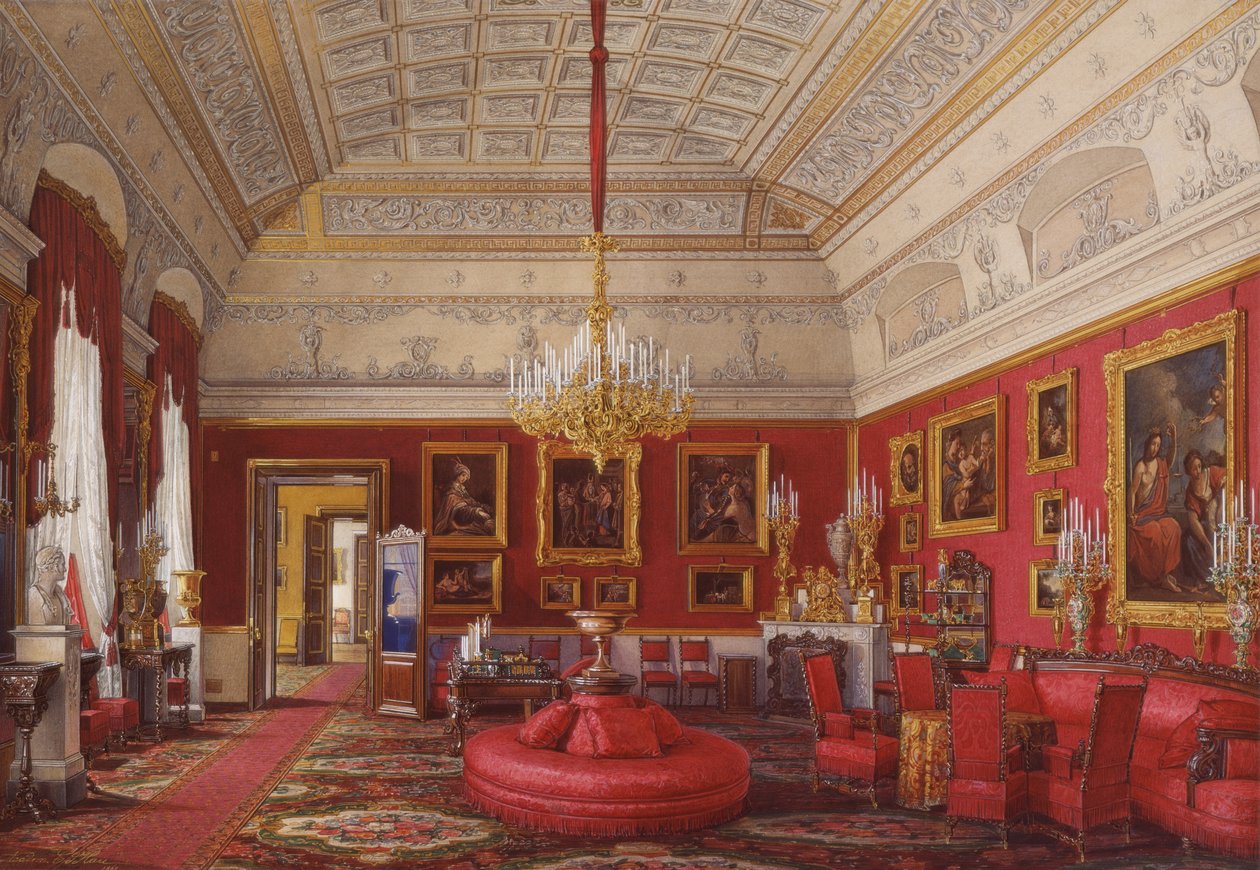 A Téli Palota belső terei. Az első lefoglalt apartman. Mária Nyikolajevna nagyhercegnő nagy tanulmánya, 1867 alkotó: Eduard Hau