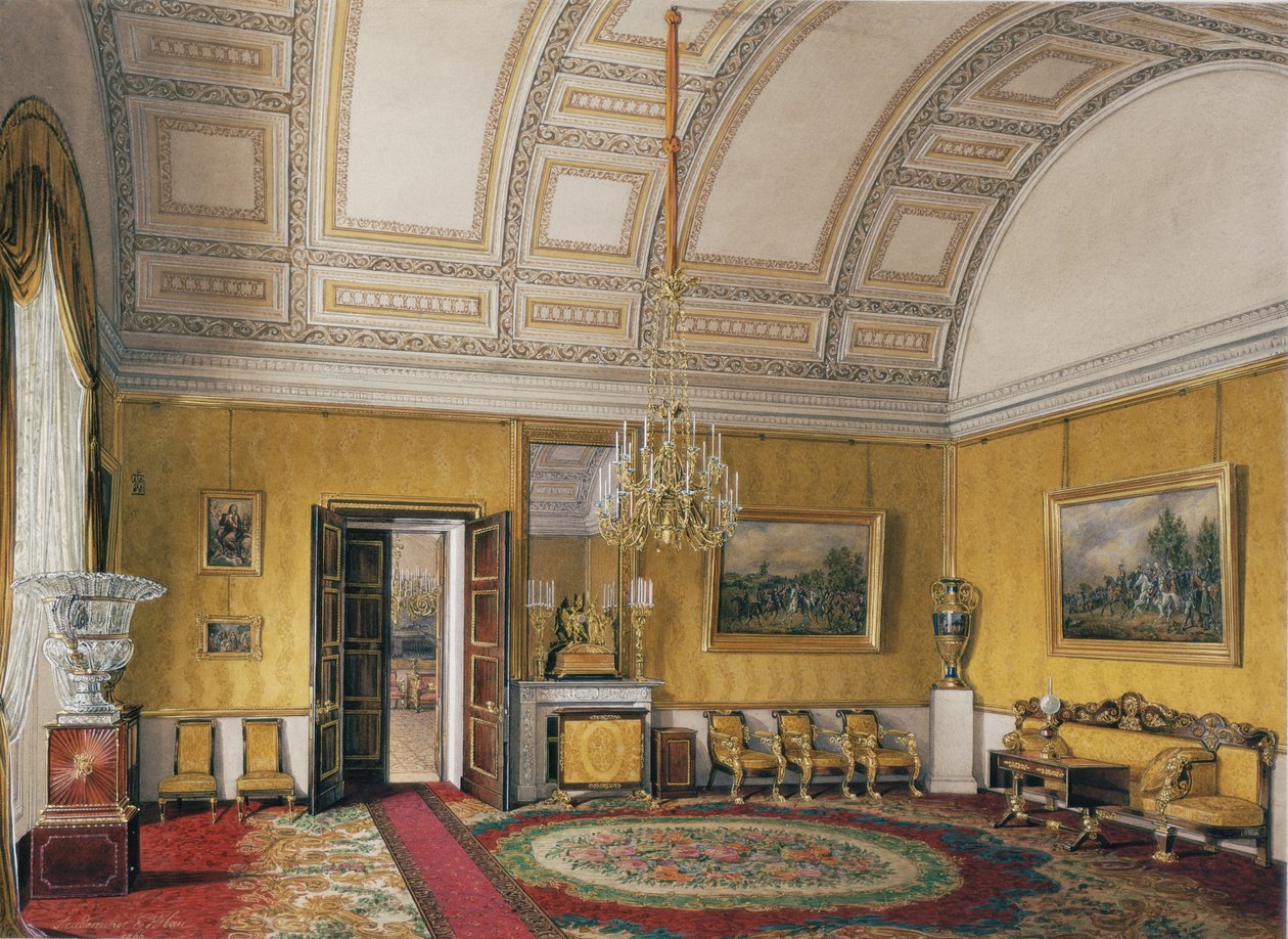 A Téli Palota belső terei. Az első lefoglalt apartman. Mária Nyikolajevna nagyhercegnő sárga szalonja, 1866 alkotó: Eduard Hau
