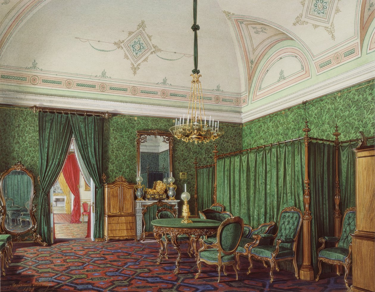 A Téli Palota belső terei. A harmadik fenntartott apartman. Egy hálószoba, 1873 alkotó: Eduard Hau