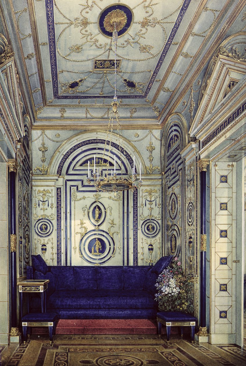 A kék dolgozószoba a Tsarkoye Selo-i Grand Palaisban, 1840 előtt (wc, gouache és tinta papíron) alkotó: Eduard Hau