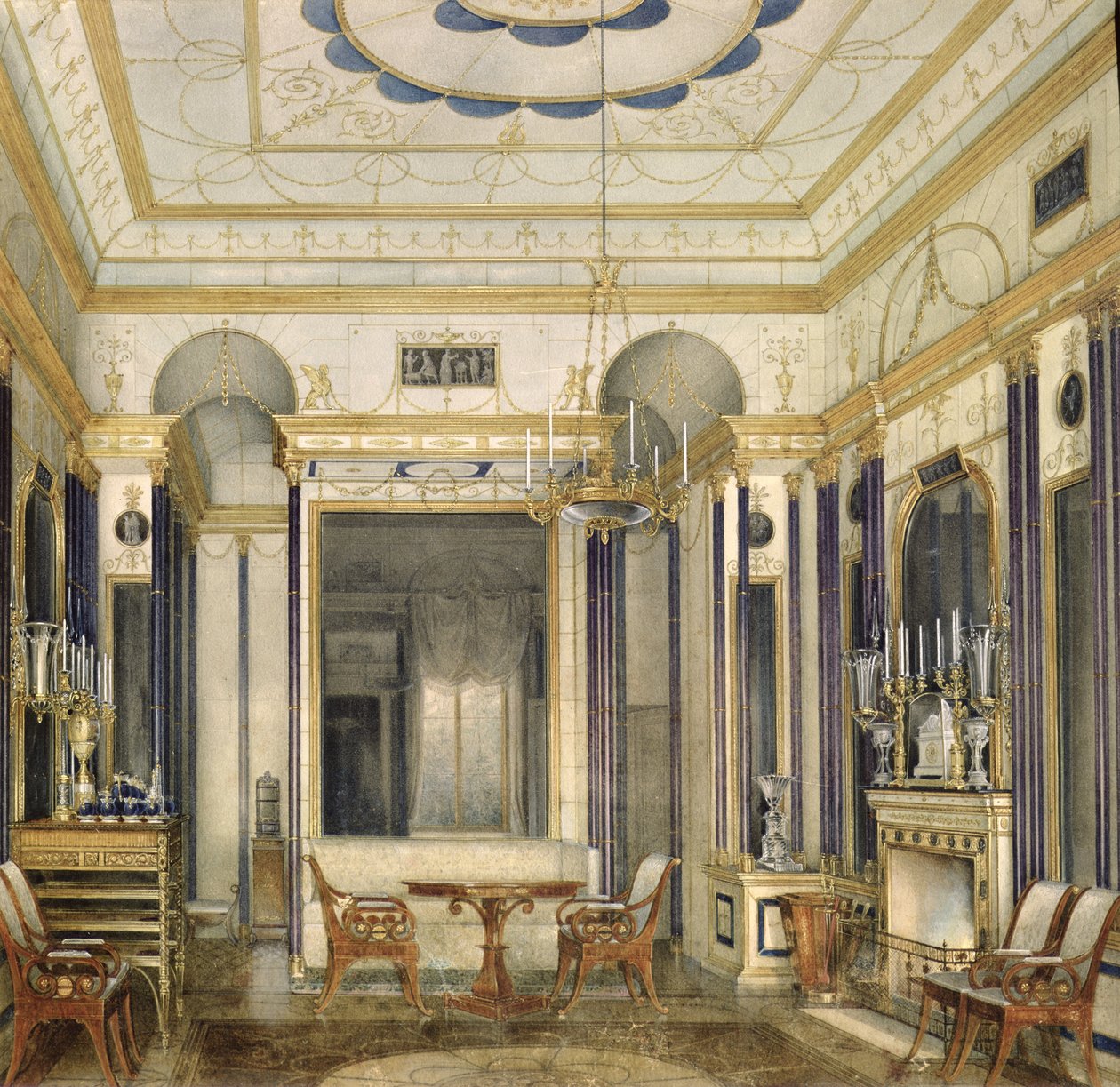 Mária Alekszandrovna császárné szalonja a Carskoje Selo-i Nagy Palotában (wc, gouache és tinta papíron) alkotó: Eduard Hau