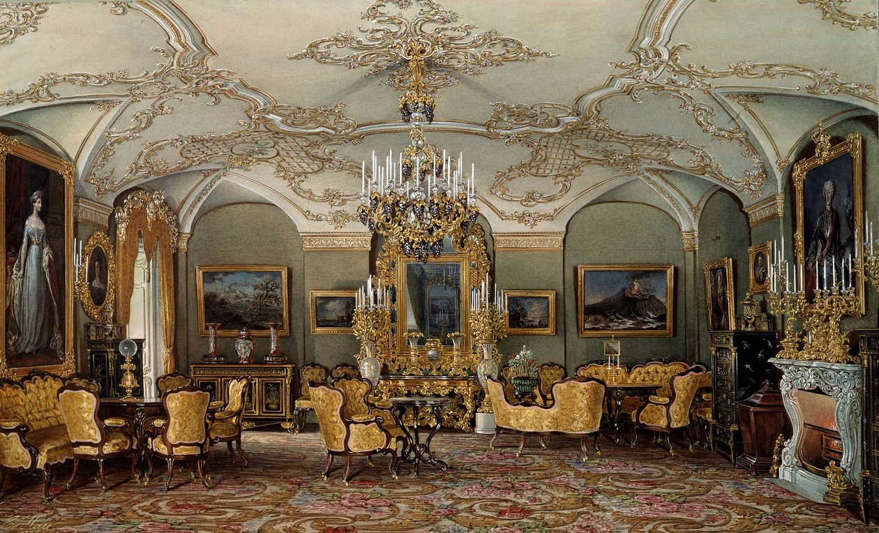Alexandra Fjodorovna (Fjodorovna vagy Fedorovna vagy Porosz Charlotte (1798-1860)), I. Miklós cár felesége szalonjának kilátása a Gatchina-palotában. Eduard (Edouard) Hau (1807-1870) akvarell 19. századi Szentpétervár, Ermitázs Múzeum alkotó: Eduard Hau
