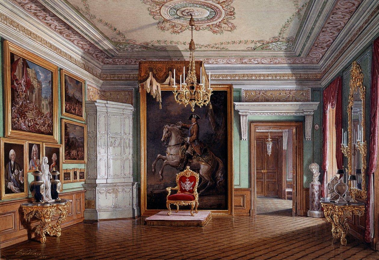 Kilátás I. Pál (1754-1801) Gatchina-i tróntermére, középen I. Péter portréja, Eduard (Edward) Hau (1807-1870) akvarell 19. századi Szentpétervár, Ermitázs Múzeum alkotó: Eduard Hau