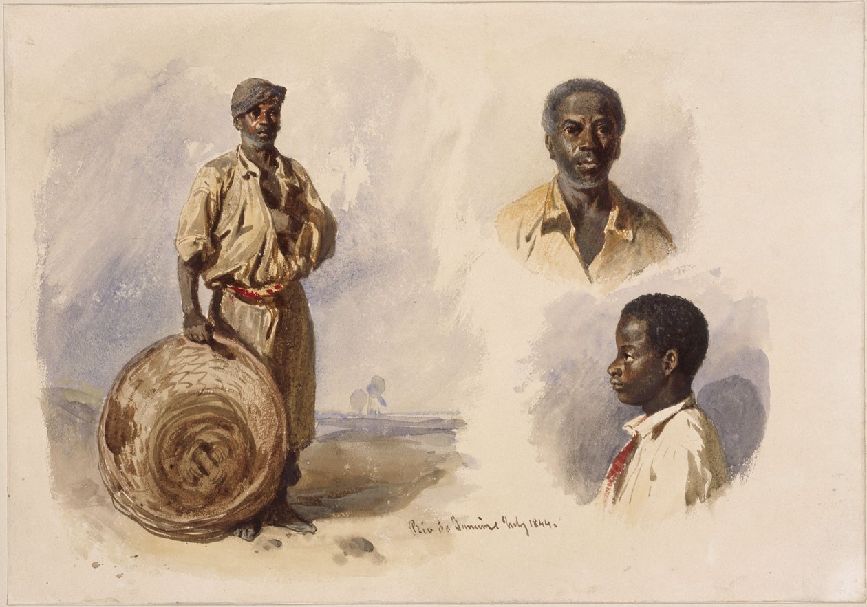 Három afro-brazil portré: teljes alakban, állva, kosárral; egy férfi mellkép, szemből nézve; valamint egy fiú profilból nézve alkotó: Eduard Hildebrandt