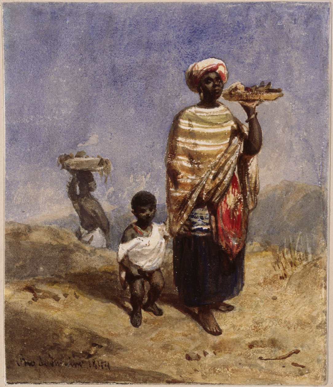 Egy afro-brazil nő, aki jobb kezével egy kisfiút vezet, bal kezével pedig egy gyümölcstálat tart alkotó: Eduard Hildebrandt