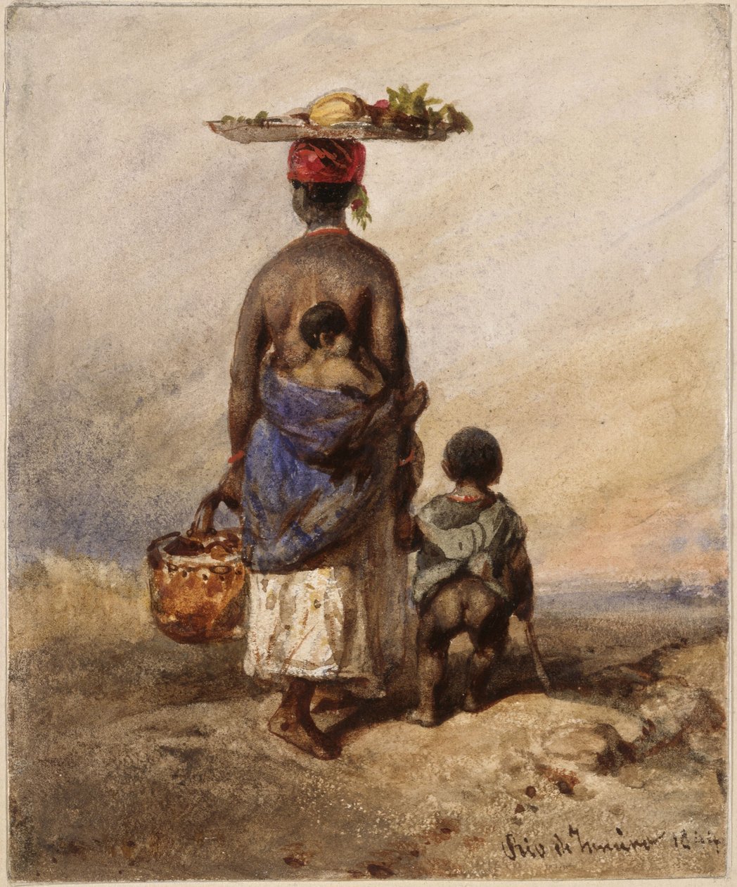 Hátulról látható afro-brazil nő két kisgyerekkel alkotó: Eduard Hildebrandt