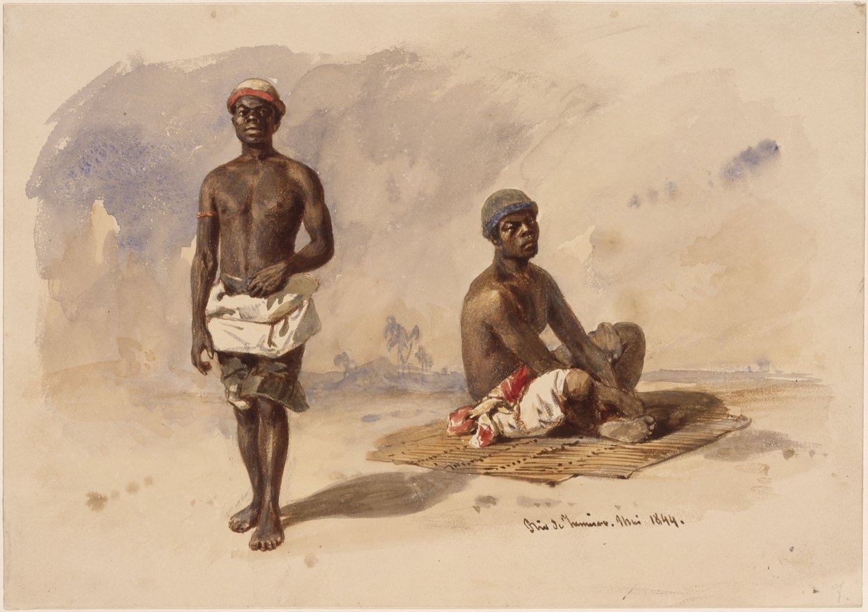 Két afro-brazil; az egyik áll, szemből látható, a másik gyékényszőnyegen ül alkotó: Eduard Hildebrandt