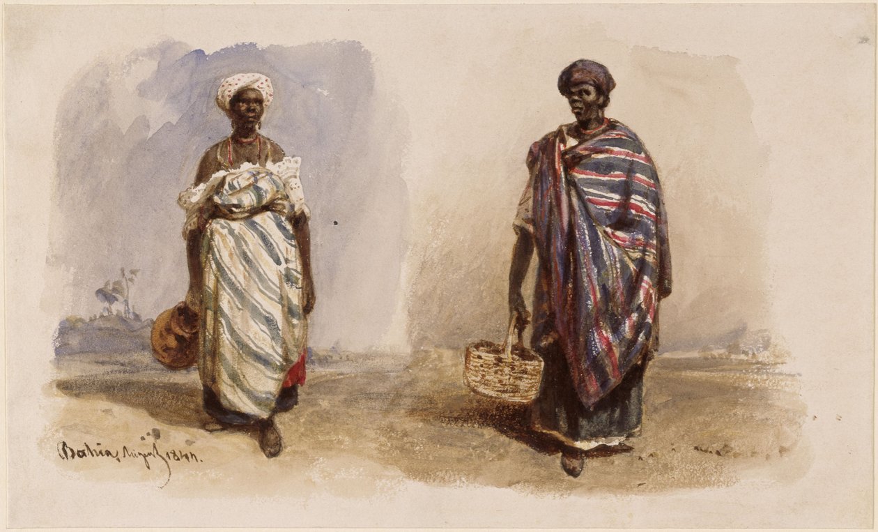 Két afro-brazil nő vállkendővel, az egyiknek vízkancsója van, a másiknak kosara alkotó: Eduard Hildebrandt