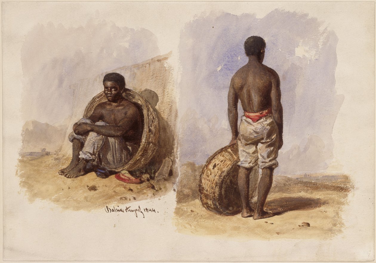 Két tanulmány egy afro-brazilról; bal oldalon egy falhoz támasztott kosárban ülve, jobb oldalon hátulról állva alkotó: Eduard Hildebrandt