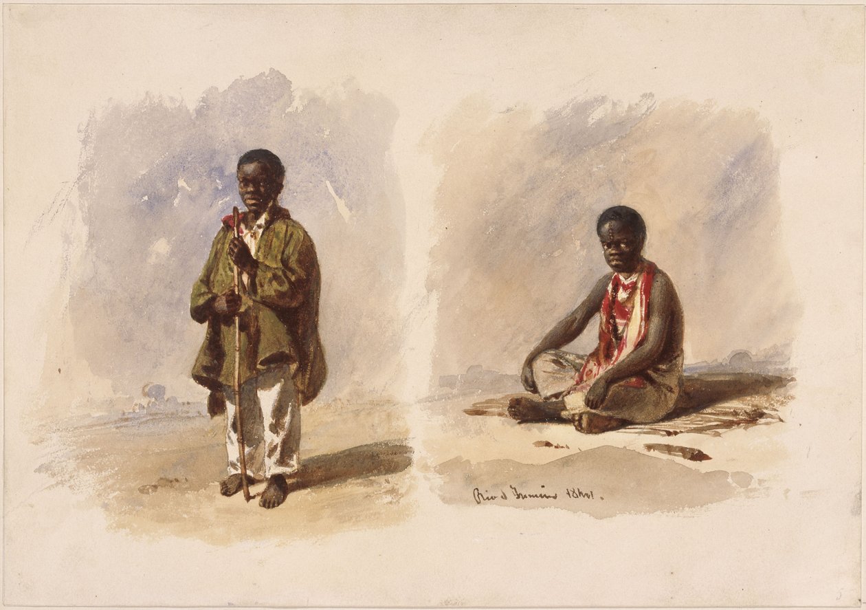 Két kis afro-brazil gyerek; az egyik áll, a másik ül alkotó: Eduard Hildebrandt