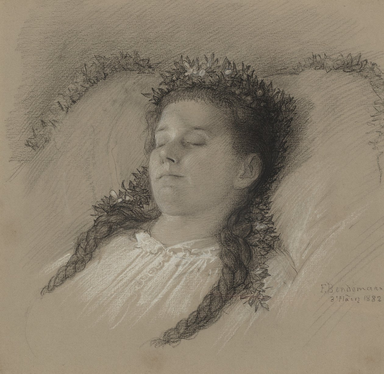 Egy lány a halálos ágyán virágkoronával alkotó: Eduard Julius Friedrich Bendemann