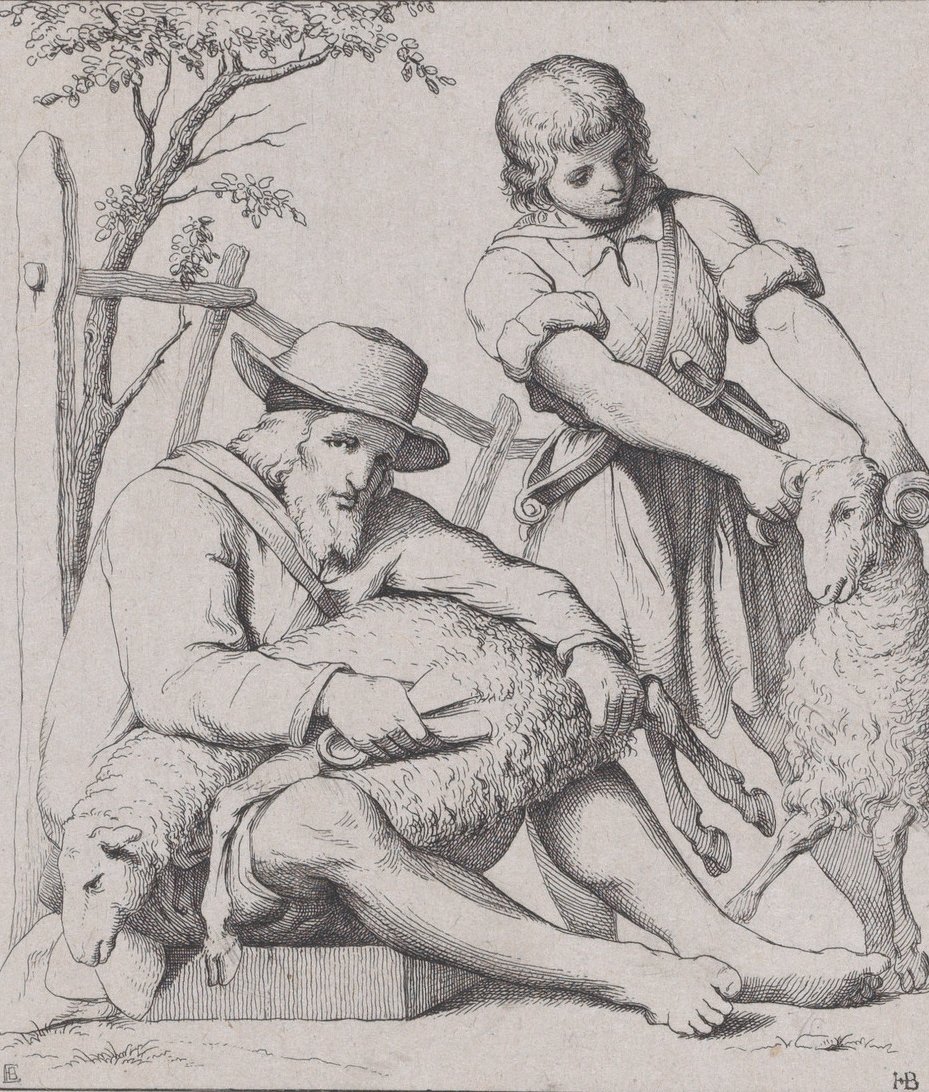 Két férfi birkanyírás, kb. 1842. alkotó: Eduard Julius Friedrich Bendemann