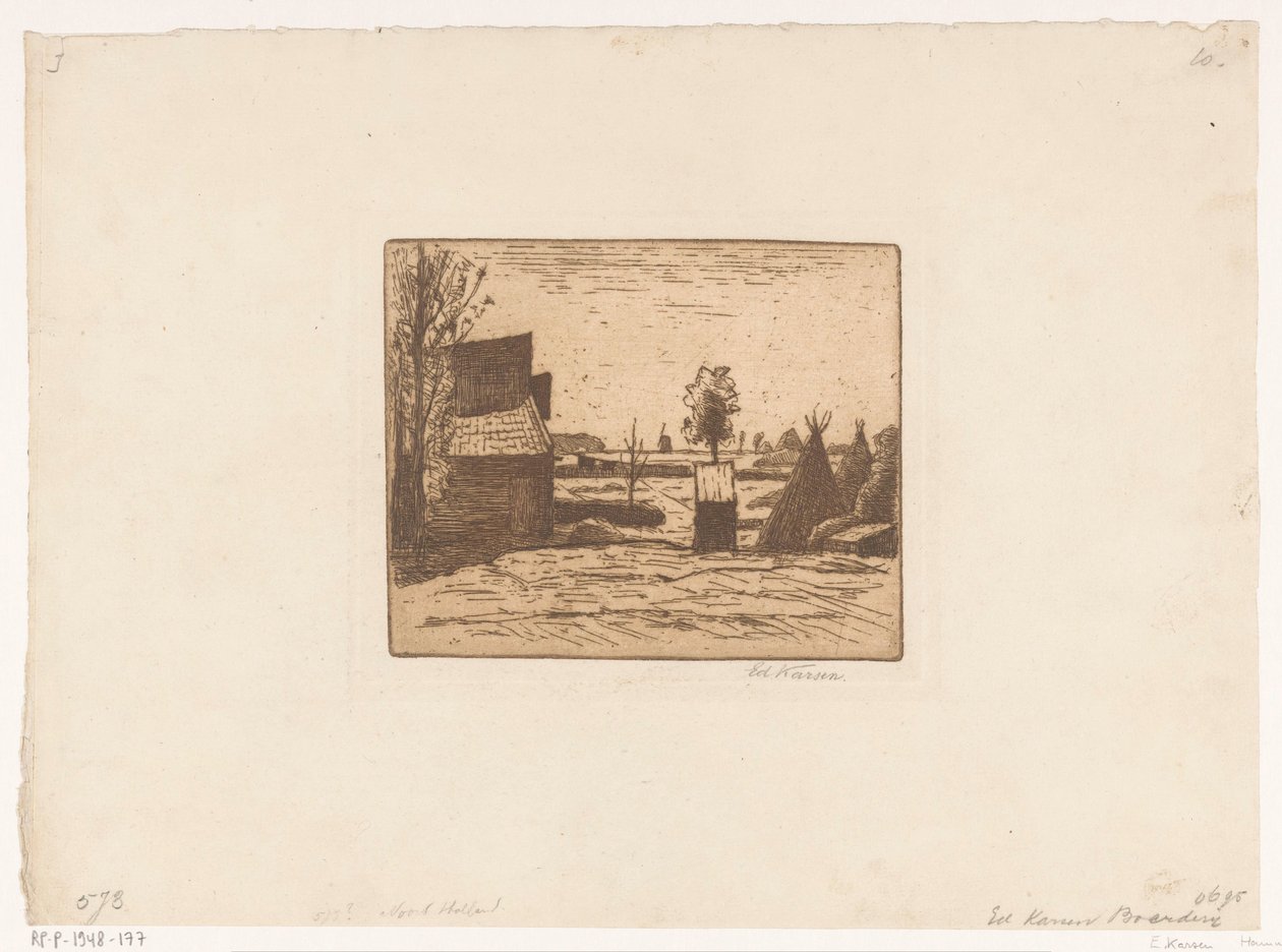 Tanyaudvar istállóval és szénadarabokkal Farm (cím az objektumon) alkotó: Eduard Karsen (signed by artist)