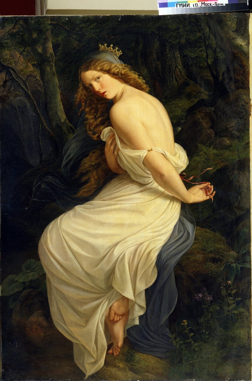 Ondine (Undine). A vizek zsenije a germán mitológiában, mint nimfa vagy naiád. Eduard Steinbrueck (Steinbruck) festménye (1802-1882). Olajfestmény alkotó: Eduard Steinbruck