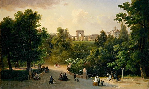 Kilátás a Karlsaue Gardensről a Friedrichsplatzra alkotó: Eduard Stiegel