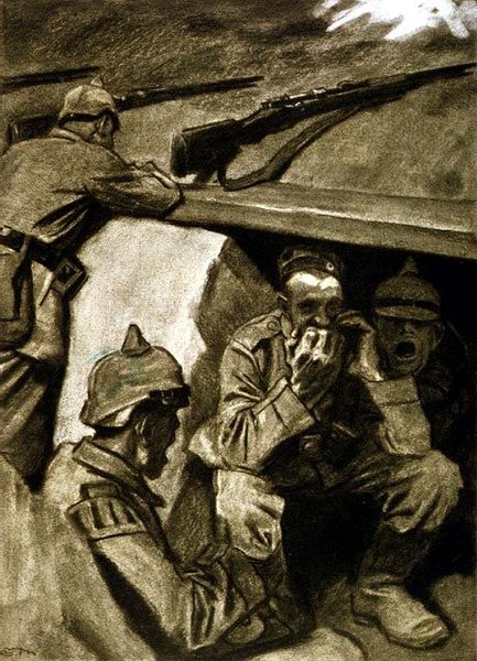Szájorgona a lövészárokban, illusztráció egy német folyóiratból, "Simplicissimus", 1915 körül (litho) alkotó: Eduard Thöny