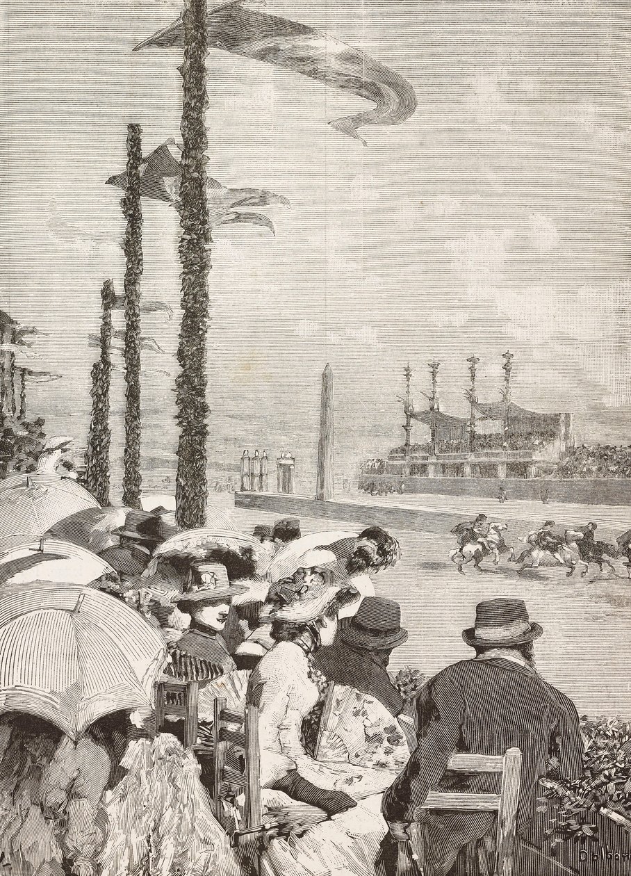 Lóversenyek a pompei fesztiválokon, Pompeii, Olaszország, metszet Edoardo Dalbono rajzából, L