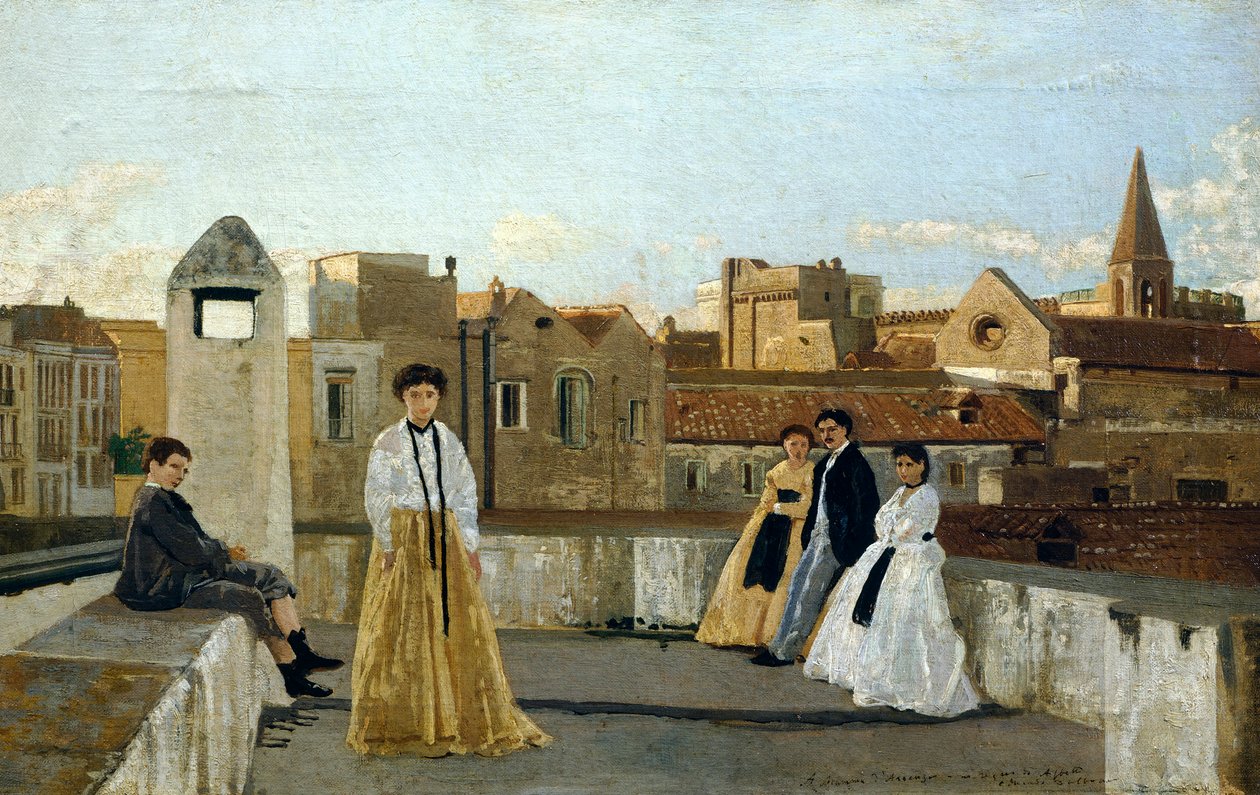 A terasz, Edoardo Dalbono (1841-1915), olaj, panel, 45x30 cm. alkotó: Eduardo Dalbono