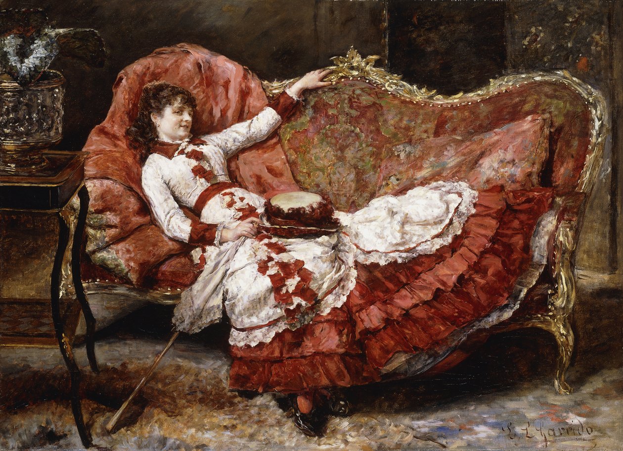 Egy elegáns hölgy piros ruhában, alkotó: Eduardo-Leon Garrido
