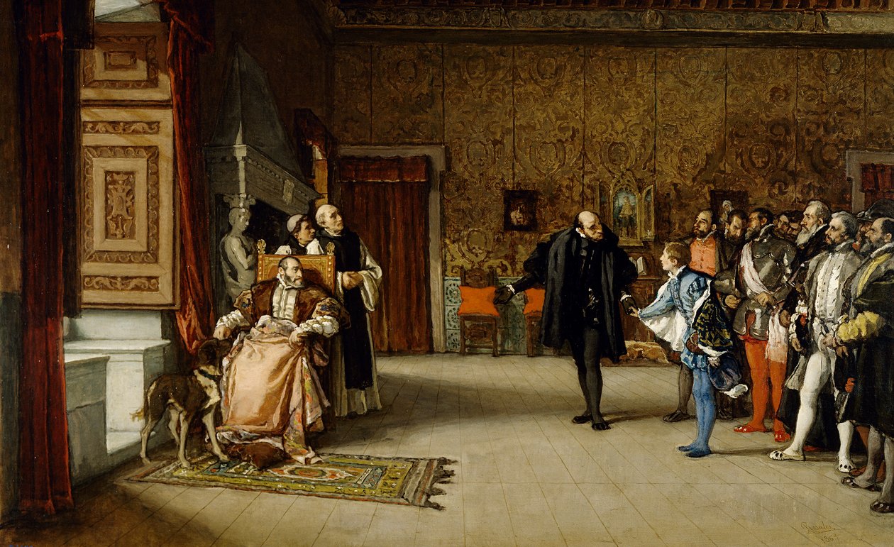 Juan de Austrias bemutatása V. Károly császárnak Yuste-ban, 1869 alkotó: Eduardo Rosales