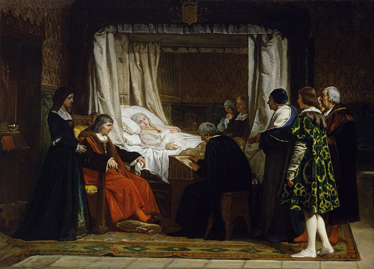 La Reine Isabelle la Catholique dicte son testamentum - I. Izabella kasztíliai királynő diktálja végakaratát - Eduardo Rosales Gallina (1836-1873) festménye - 1864 - Olaj, vászon - 290x400 - Museo del Prado, Madrid alkotó: Eduardo Rosales