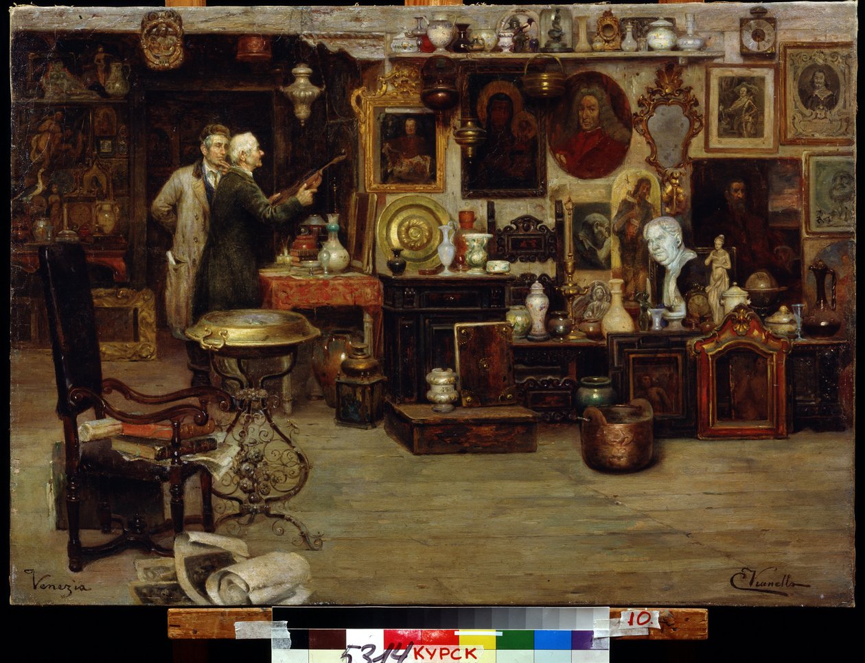 A kíváncsiság boltja. Eduardo Vianella festménye (XIX. század). Olaj, vászon, 63,2 x 88,7 cm. 19. századi olasz művészet. Regionális A. Deneik Művészeti Galéria, Kurszk. alkotó: Eduardo Vianella