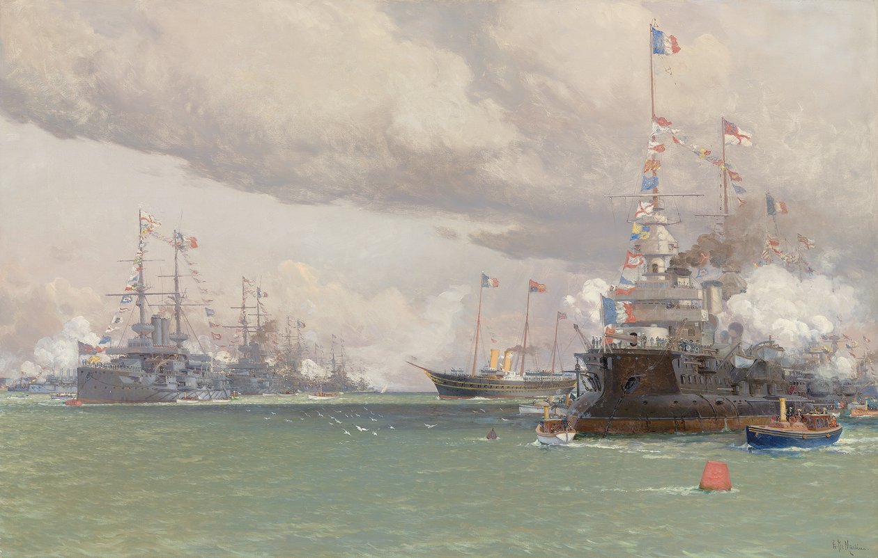 L"Entente Cordiale: The Royal Yacht Victoria & Albert III, az angol-francia flottának áttekintése a Cowes Roadon, 1905 alkotó: Eduardo de Martino