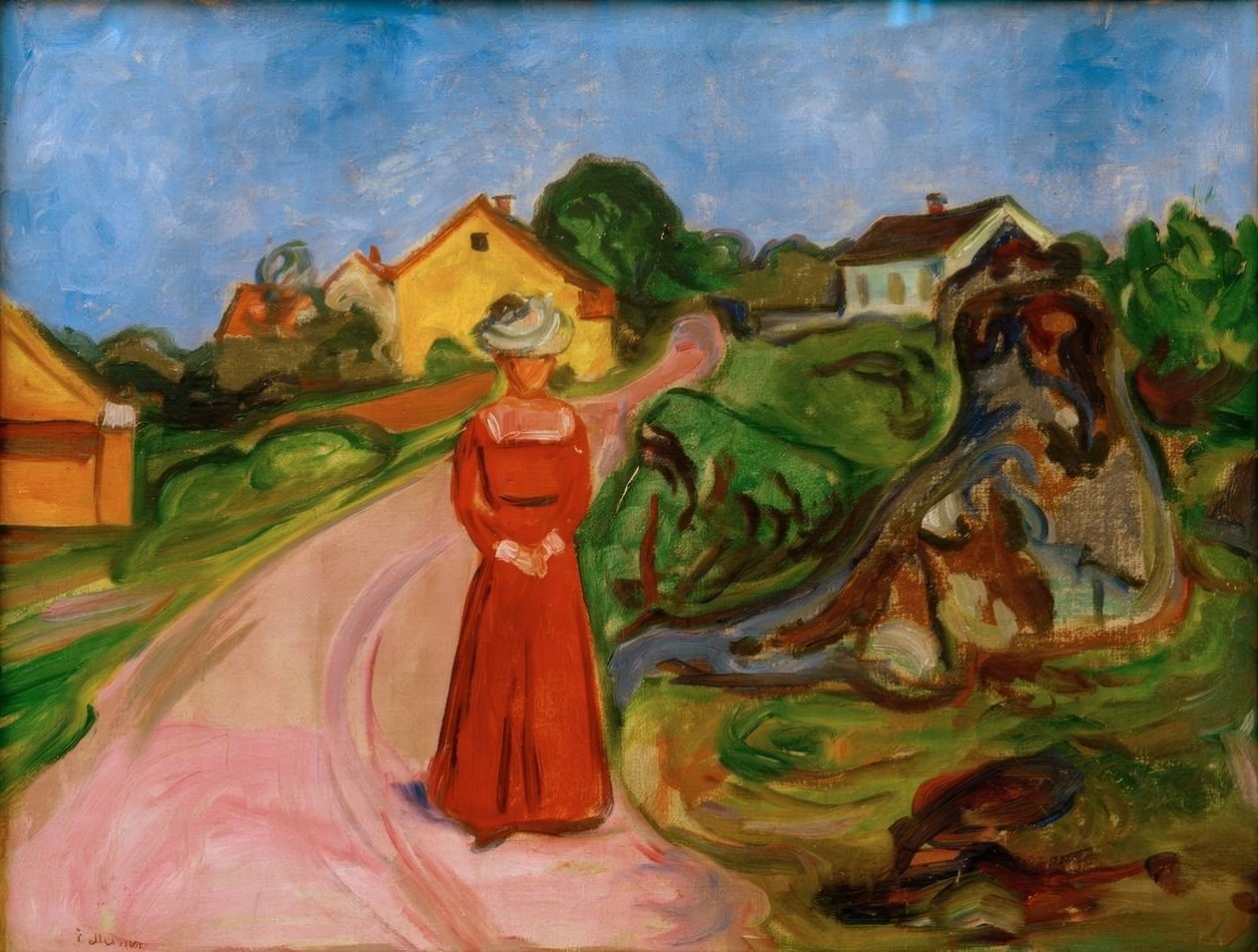 Piros ruhás nő (az Åsgårdstrand utcában) alkotó: Edvard Munch