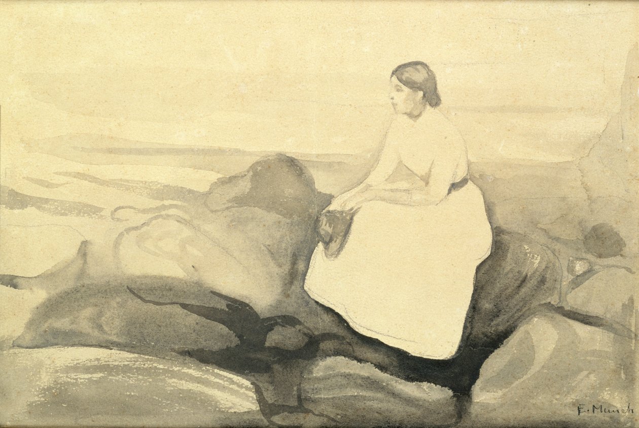 Inger a tengerparton, 1889 körül (wc és ceruza, papír, kártyára fektetve) (lásd 24717) alkotó: Edvard Munch