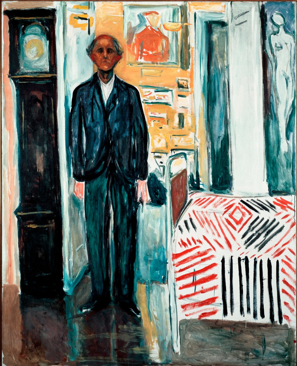 Az ágy és az óra között Edvard Munch (1863-1944) festménye 1940-1942 Dim. 149,5x120 cm Oslo, Munch-Museet alkotó: Edvard Munch