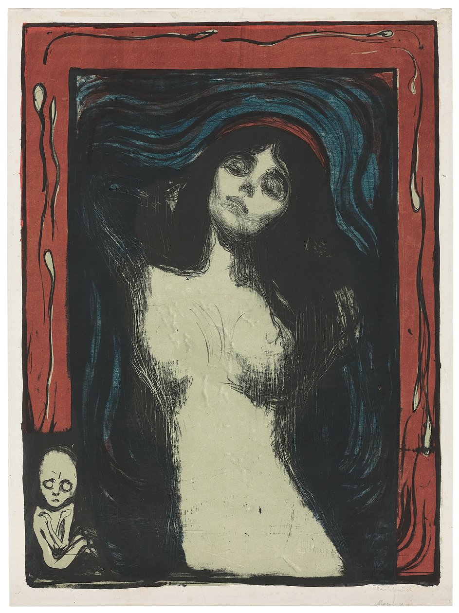 Madonna – Liebendes Weib, c. 1895-1902 (litográfia, fekete, piros, kék és jáde zöld színnel, fehérre nyomtatva) alkotó: Edvard Munch