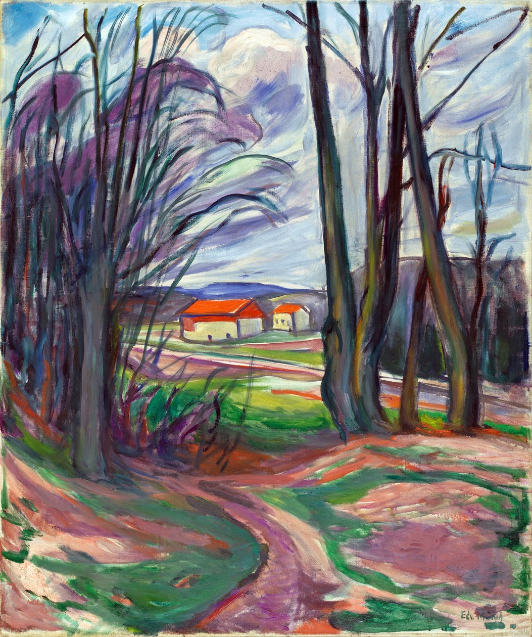 Táj Skoyenben (Oslo, Norvégia). Edvard Munch (1863-1944) festménye, olaj, vászon, 1920 körül. Norvég művészet, XX. század, expresszionizmus. Magángyűjtemény. alkotó: Edvard Munch