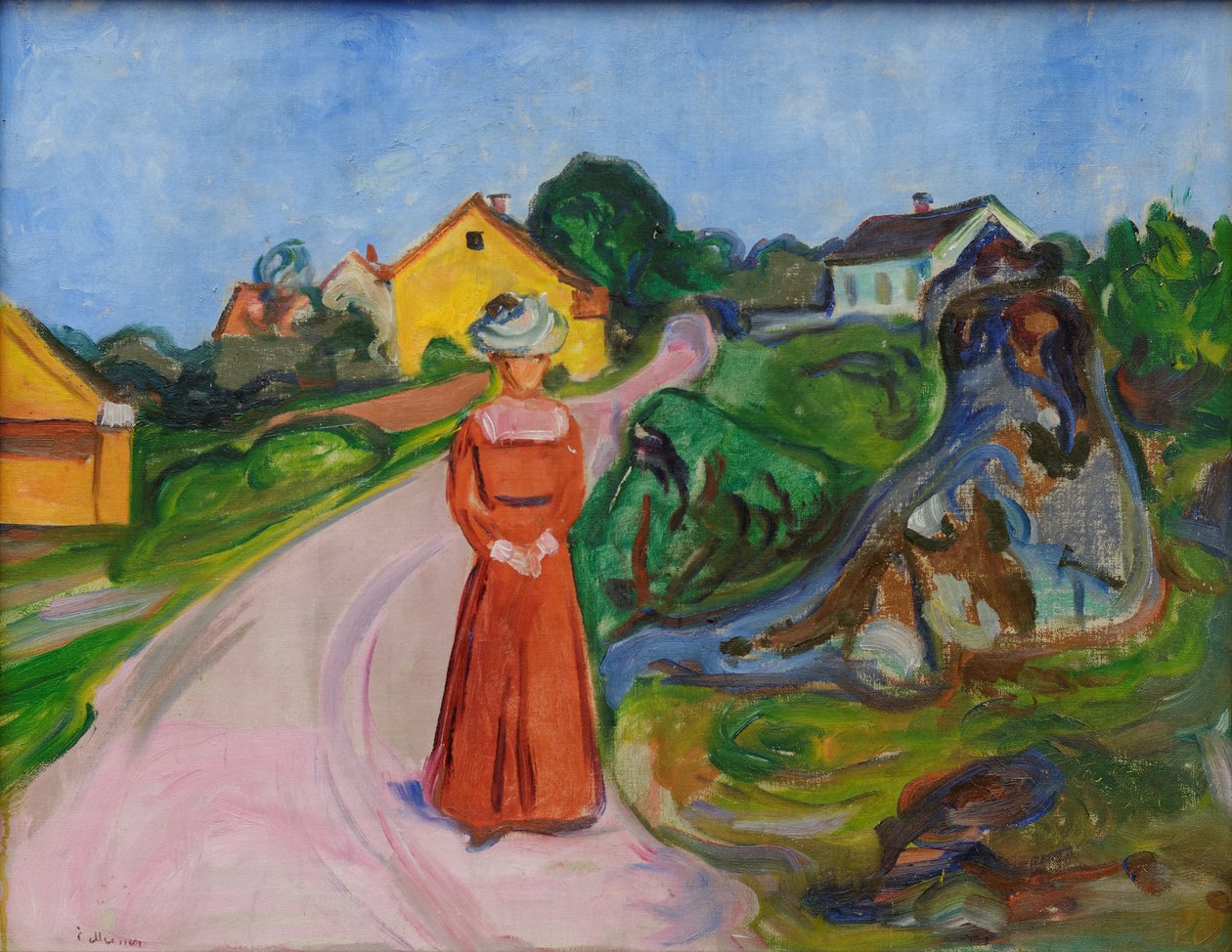 Utca Åsgårdstrandban és vörös ruhás nő alkotó: Edvard Munch