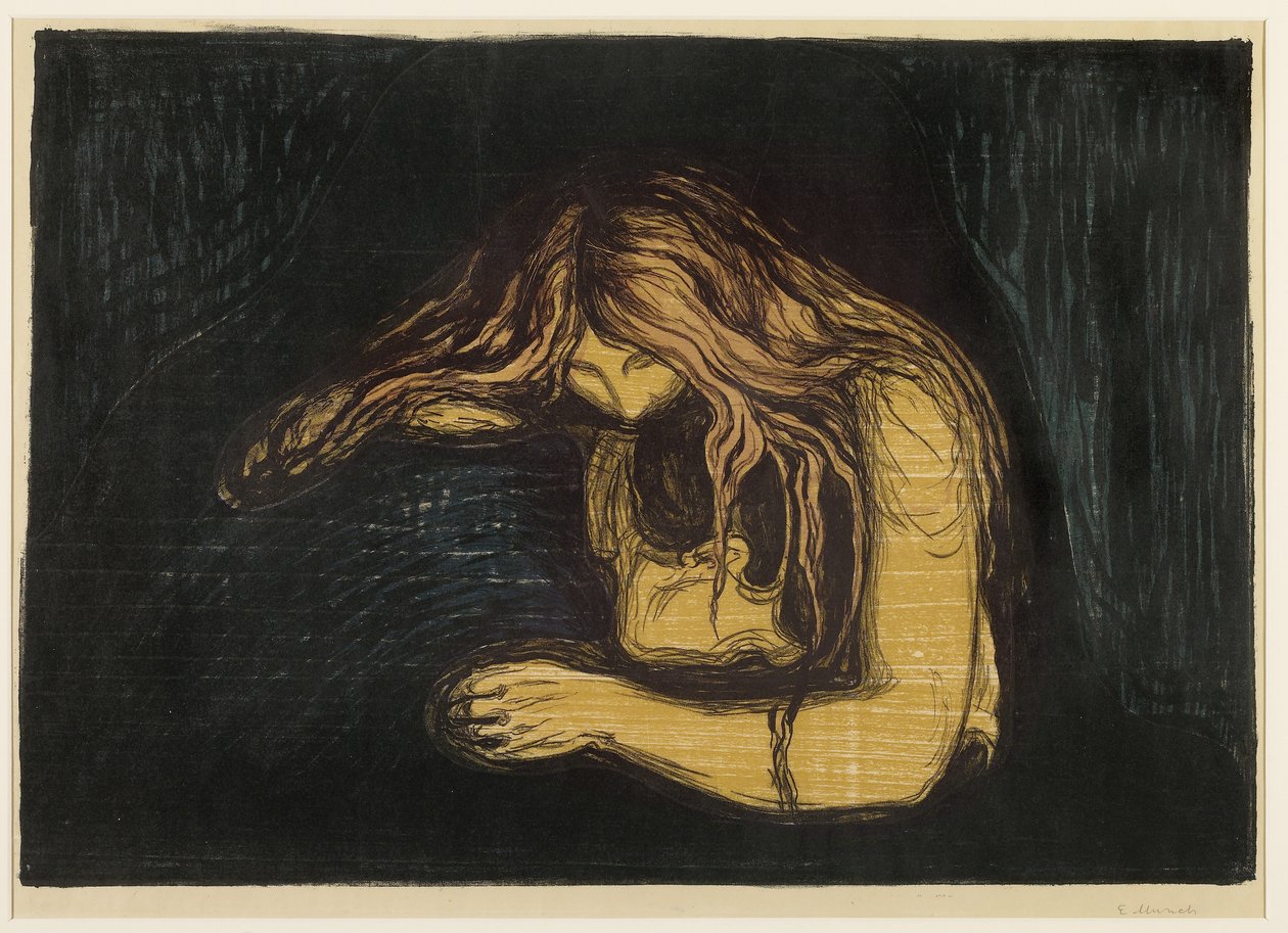 Vámpír, 1895-1902 (színes fatömb és litográfia vékony szőtt papíron vékony japán papíron) alkotó: Edvard Munch