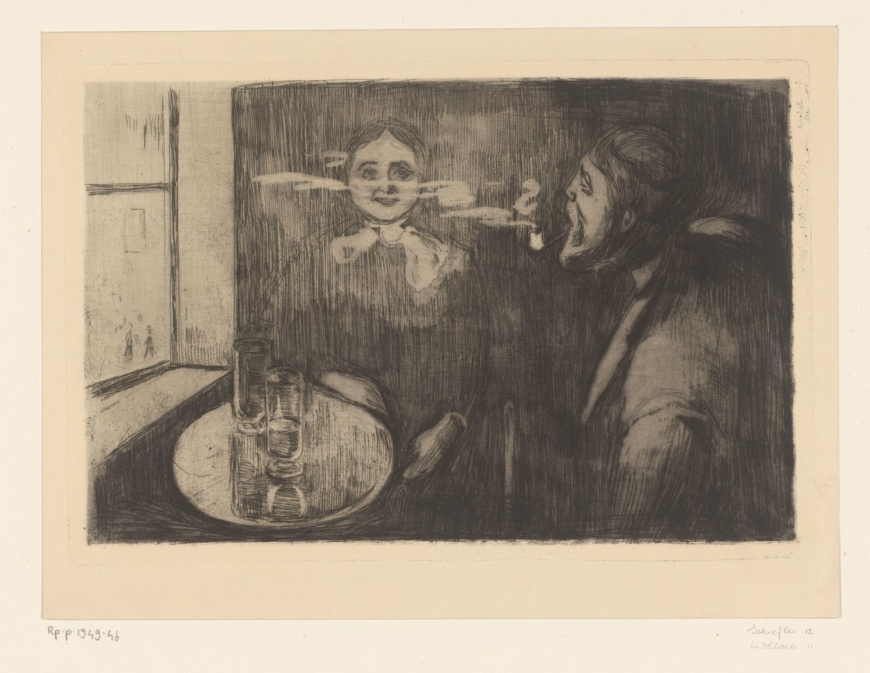 Nő és férfi pipázik egy asztalnál Tête-à-Tête (eredeti cím) alkotó: Edvard Munch