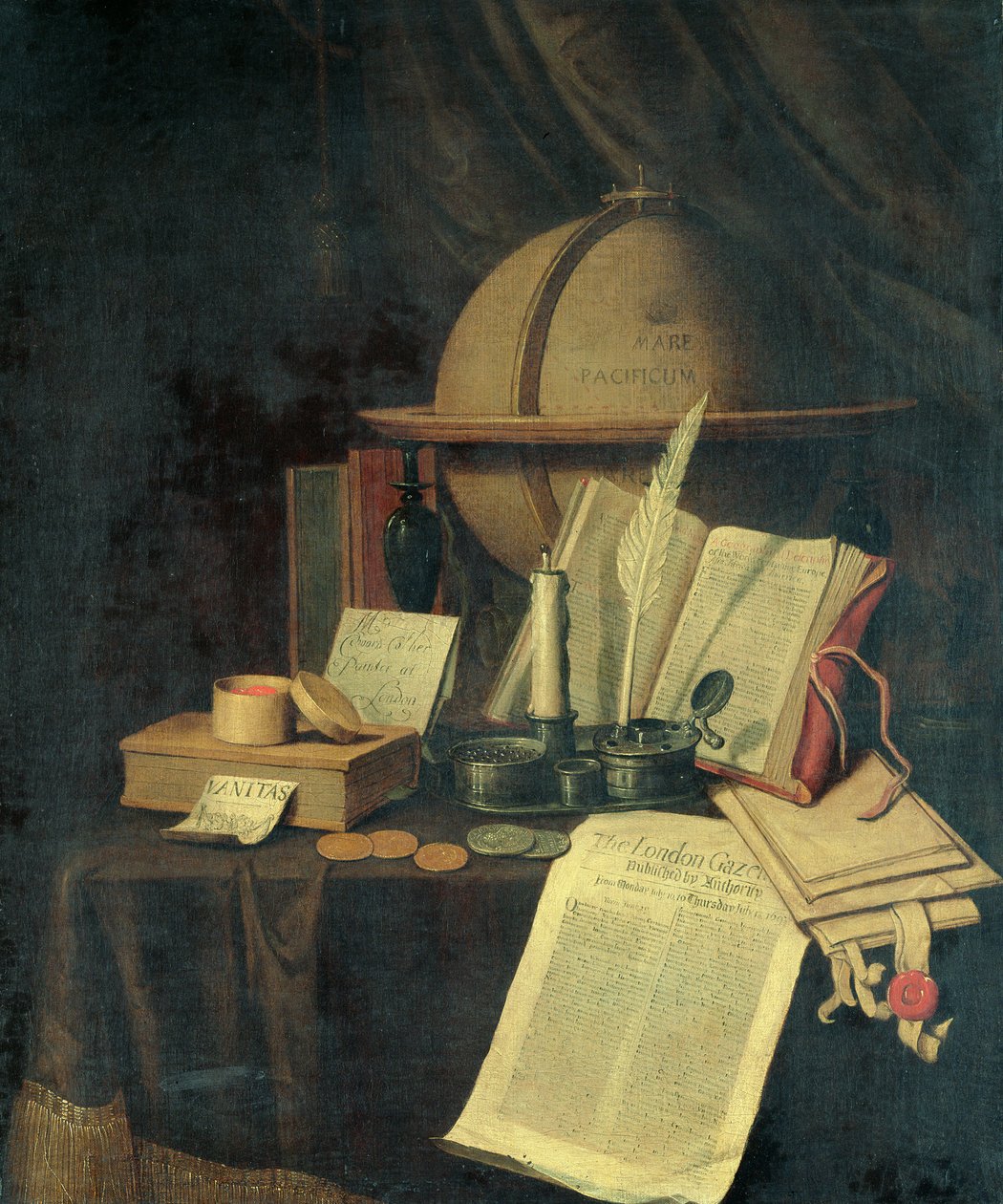 Omnia Vanitas: egy földgömb, egy kaviola, érmék és a London Gazette egy példánya 1691. július 13-án alkotó: Edwaert Colyer or Collier