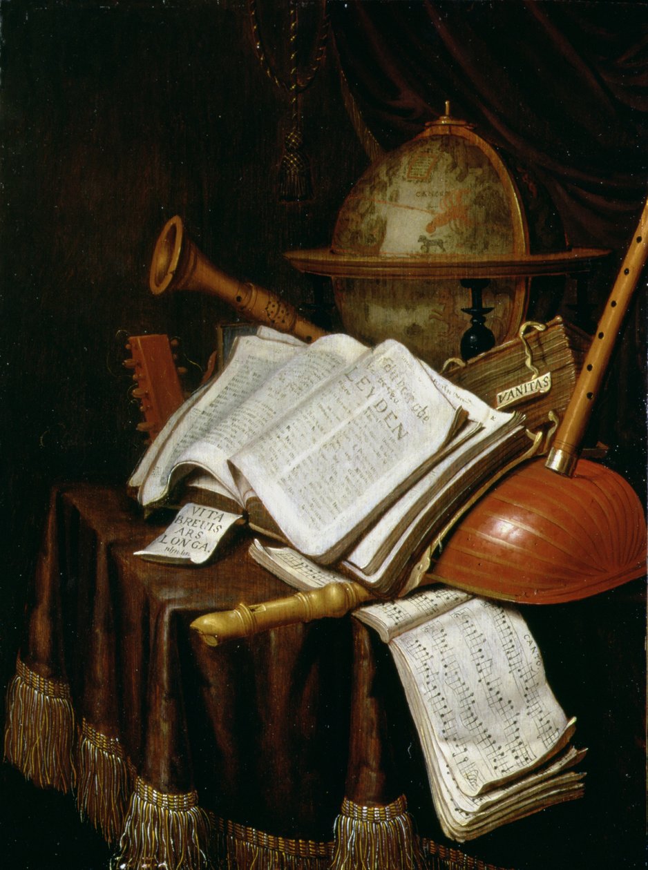 Vanitas földgömbbel, kottákkal és hangszerekkel, 1692 (panel) alkotó: Edwaert Colyer or Collier