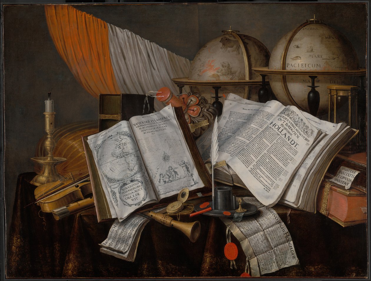 Vanitas csendélet zászlóval, gyertyatartóval, hangszerekkel, könyvekkel, írói kellékekkel... alkotó: Edwaert Collier