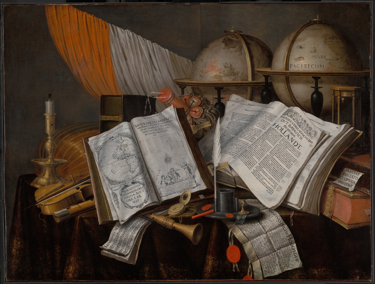 Vanitas csendélet zászlóval, gyertyatartóval, hangszerekkel, könyvekkel, írószerekkel, földgömbbel és homokórával alkotó: Edwaert Collier