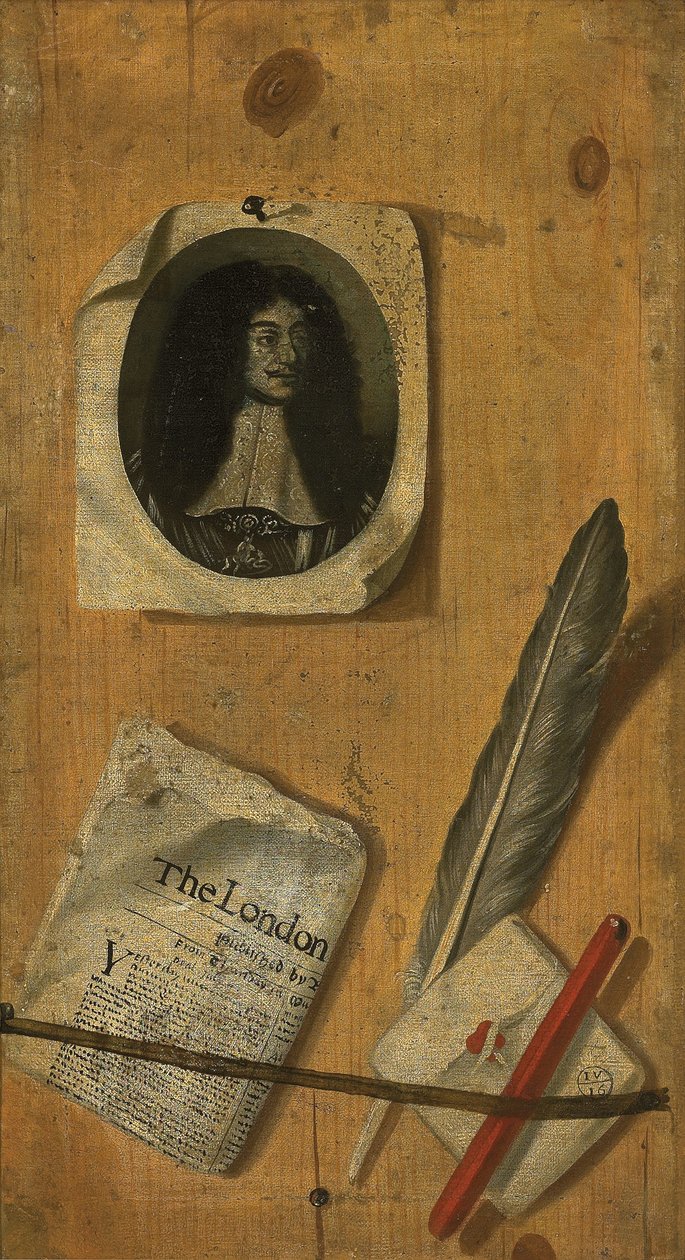 Trompe-l"oeil levéltartó, II. Károly király metszetével, újsággal, tolltollal, tollal és tollkéssel alkotó: Edwaert Colyer or Collier