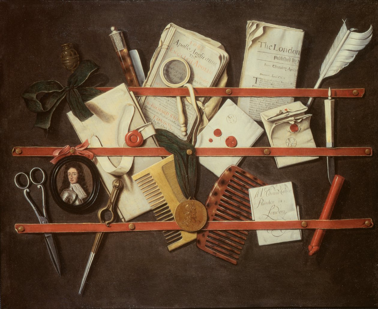 Trompe loeil levéltartó egy páncélos fiatalember miniatűr portréjával, 1697 (panel) alkotó: Edwaert Colyer or Collier