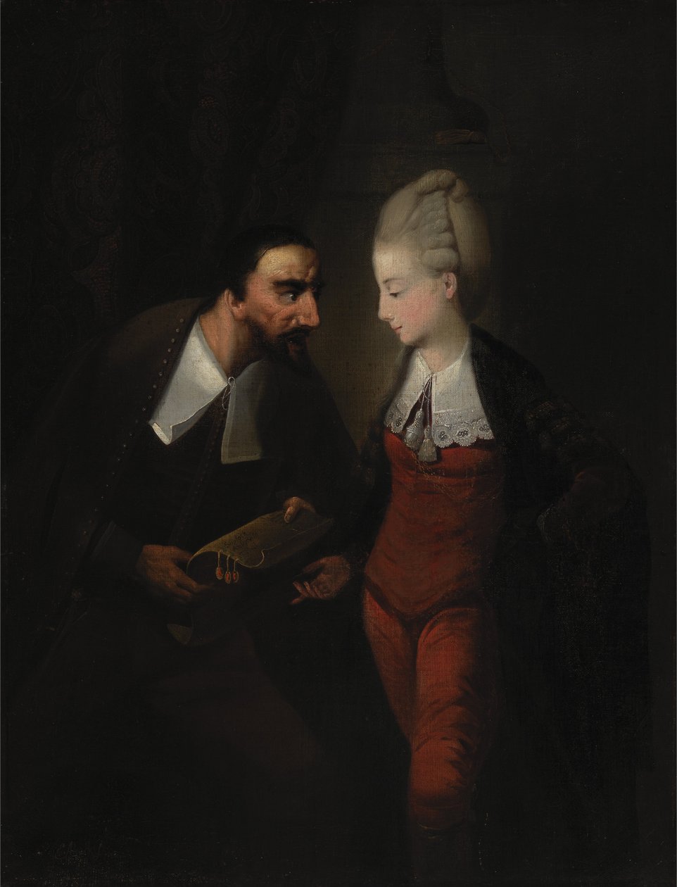 Portia és Shylock, Shakespeares -ből A velencei kereskedő, IV, i alkotó: Edward Alcock