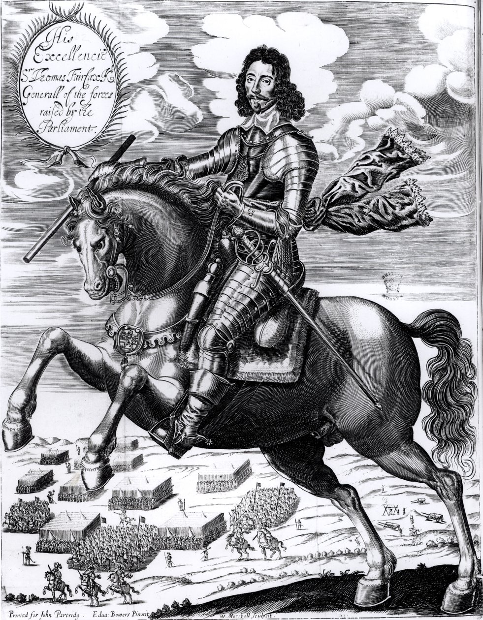 Őexcellenciája Sir Thomas Fairfax (1617-71) 3. báró lovas portréja, William Marshall metszete (fl.1617-49) alkotó: Edward Bower